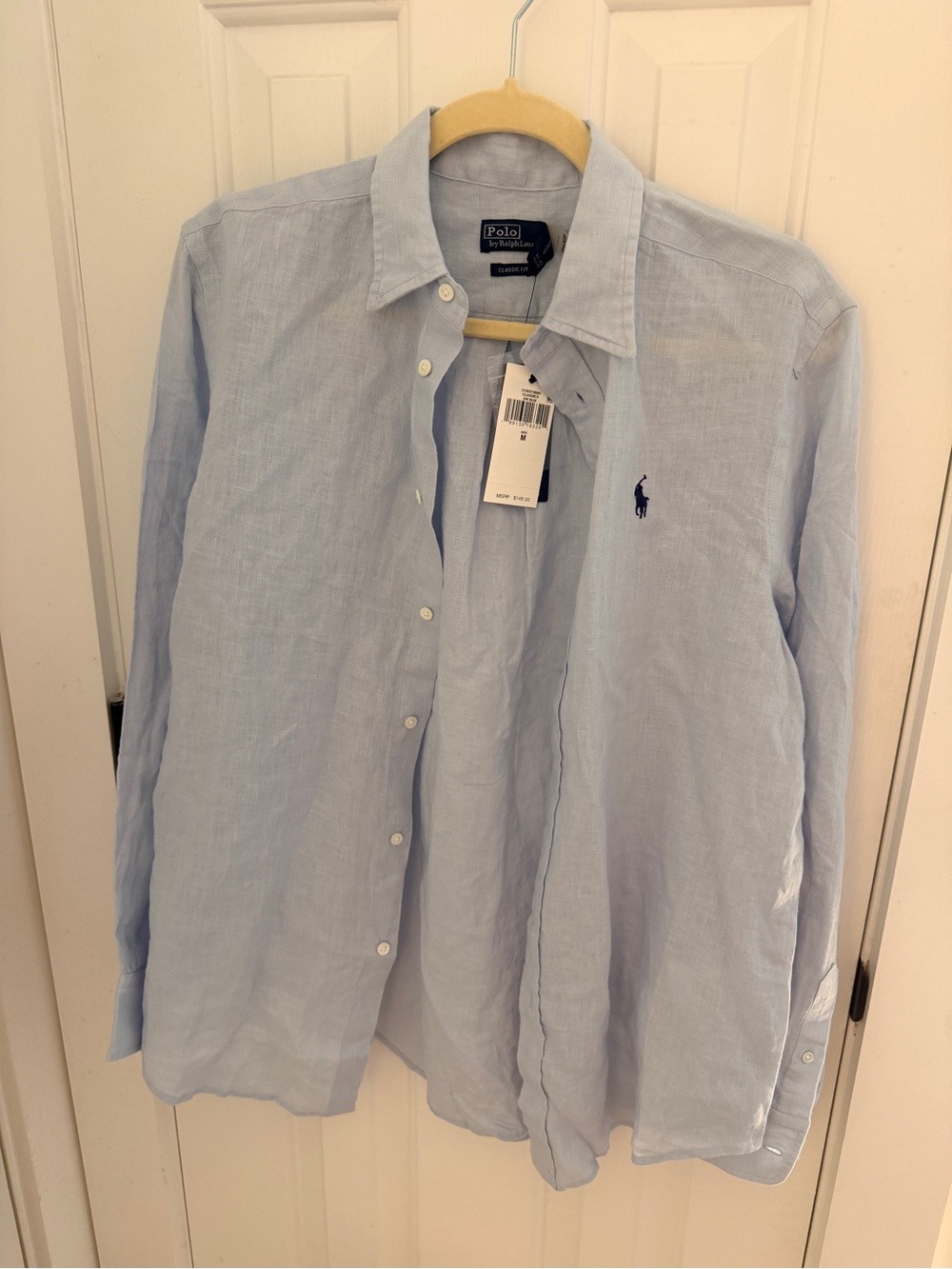 Classic Light Blue Button-Down Linen Shirt with Embroidered Logo